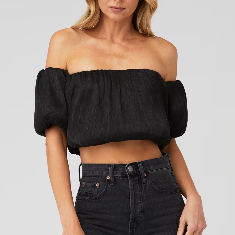 Line & Dot Black Off-Shoulder Puff Sleeve Crop Top
